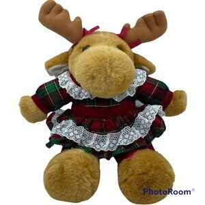 Christmas Moose Plush Toy Red Green Plaid Dress Lace Trim Soft Cuddly